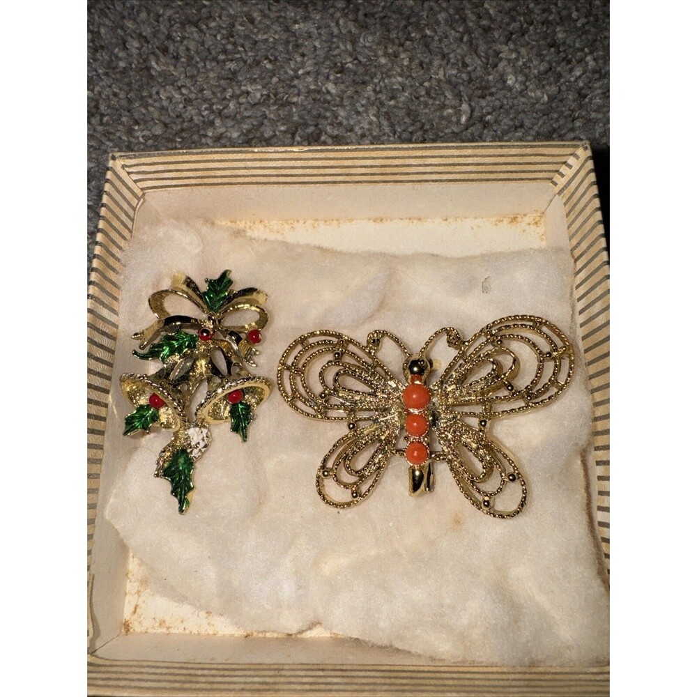Gerry’s Stamped Christmas Bells Holly Pin Brooch & Butterfly Gold Tone Orange